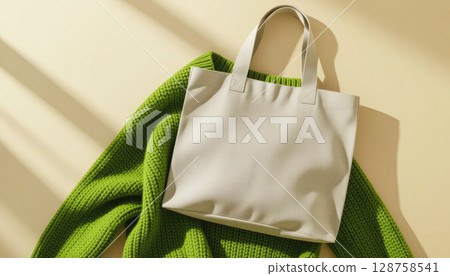 Beige Tote Bag on Green Knitted Sweater in Sunlight, Stylish Contrast and Cozy Texture 128758541