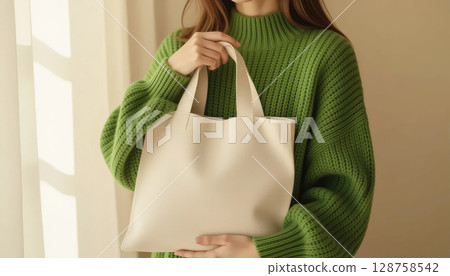 Beige Tote Bag on Green Knitted Sweater in Sunlight, Stylish Contrast and Cozy Texture 128758542