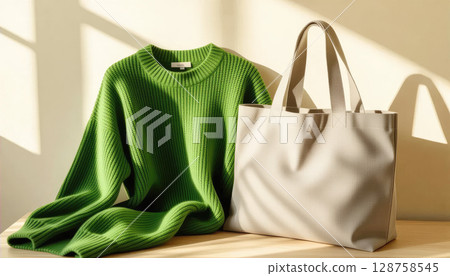 Beige Tote Bag on Green Knitted Sweater in Sunlight, Stylish Contrast and Cozy Texture Beige Tote Bag on Green Knitted Sweater in Sunlight, Stylish Contrast and Cozy Texture 128758545