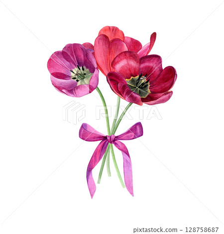 Bouquet of tulips with pink ribbon. Watercolor of bright spring flowers isolated on a white background. Good for postcards, invitations, greeting cards Bouquet of tulips with pink ribbon. Watercolor of bright spring flowers isolated on a white background. Good for postcards, invitations, greeting cards 128758687