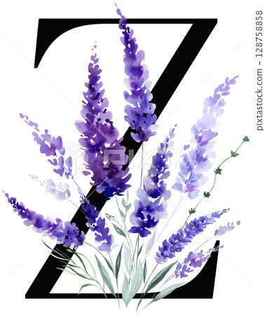 Black letter Z with watercolor purple lavender flowers, summer floral wedding isolated monogram 128758858