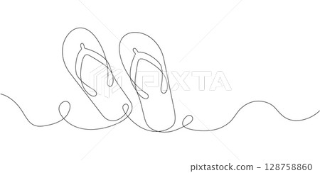 Slippers for beach.sandals.Single line draw design graphic illustration.vector. Slippers for beach.sandals.Single line draw design graphic illustration.vector. 128758860
