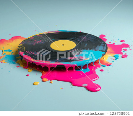 Melting glossy vinyl record transitions into a vibrant pool of colorful paint on a minimalist background 128758901
