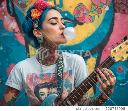 Blue-haired musician blows bubble gum while playing guitar against a vibrant mural backdrop Blue-haired musician blows bubble gum while playing guitar against a vibrant mural backdrop 128758906