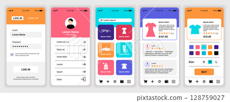 Online shopping mobile app interface templates set. Web design kit with phone display, store assortment, order, choosing colour and size. Pack of UI, UX, GUI screens for application. Vector design. Online shopping mobile app interface templates set. Web design kit with phone display, store assortment, order, choosing colour and size. Pack of UI, UX, GUI screens for application. Vector design. 128759027