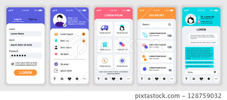 Online pharmacy mobile app interface templates set. Web design kit with phone display, account, settings, pills order, consultation chat. Pack of UI, UX, GUI screens for application. Vector design. 128759032