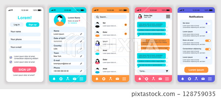 Online messenger mobile app interface templates set. Web design kit with phone display, account, menu, friends list, chat with messages. Pack of UI, UX, GUI screens for application. Vector design. 128759035