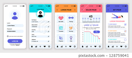 Fitness workout mobile app interface templates set. Web design kit with phone display, menu, statistic, weight lose graph, training program. Pack of UI, UX, GUI screens for application. Vector design. Fitness workout mobile app interface templates set. Web design kit with phone display, menu, statistic, weight lose graph, training program. Pack of UI, UX, GUI screens for application. Vector design. 128759041