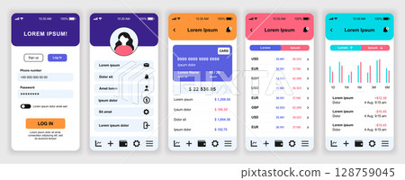 Finance services mobile app interface templates set. Web design kit with phone display, account, credit card balance, financial statistic. Pack of UI, UX, GUI screens for application. Vector design. 128759045