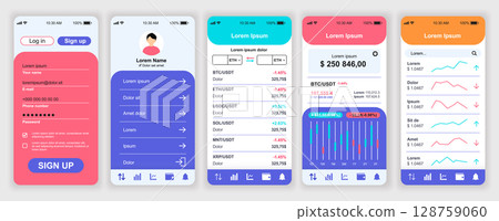 Cryptocurrency mobile app interface templates set. Web design kit with phone display, account, money balance, trade data, statistics chart. Pack of UI, UX, GUI screens for application. Vector design. 128759060