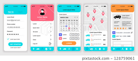 Car booking mobile app interface templates set. Web design kit with phone display, account, calendar, online tracking, driver rating, price. Pack of UI, UX, GUI screens for application. Vector design. 128759061