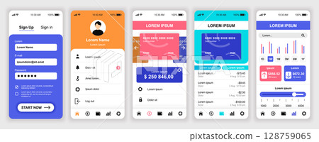Banking mobile app interface templates set. Web design kit with phone display, account, credit card, statistic, payment, menu navigation. Pack of UI, UX, GUI screens for application. Vector design. 128759065