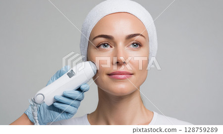 A woman receives a skincare treatment in a modern clinic, focusing on facial rejuvenation. The practitioner uses a handheld device to enhance her skin's appearance. 128759289