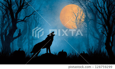 Silhouette of a howling wolf under a full moon amidst spooky trees and pumpkin decorations at night in an enchanted forest. Halloween background. 128759299