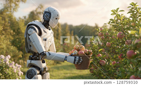 Robotic farmer gathers fresh apples in a lush orchard on a sunny afternoon surrounded by blooming flowers and green trees 128759310
