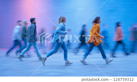 Dynamic urban movement captured with individuals in motion during colorful evening light in a lively city setting Dynamic urban movement captured with individuals in motion during colorful evening light in a lively city setting 128759312