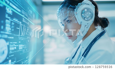 Innovative healthcare professional analyzing digital data with advanced technology in a futuristic medical setting focused on patient care Innovative healthcare professional analyzing digital data with advanced technology in a futuristic medical setting focused on patient care 128759316