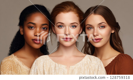 Diverse group of young women showcasing natural beauty in a minimalist studio setting during a creative portrait session Diverse group of young women showcasing natural beauty in a minimalist studio setting during a creative portrait session 128759318
