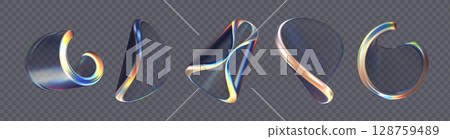 Set of 3d transparent glossy twist round shapes with dispersion effect. Rainbow colors reflection glass. Vector illustration. 128759489