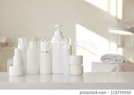 Wide selection set of natural organic cosmetics for skin care is on table in beautician's office. 128759560