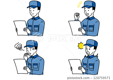 Men in overalls looking at documents, set Men in overalls looking at documents, set 128759571