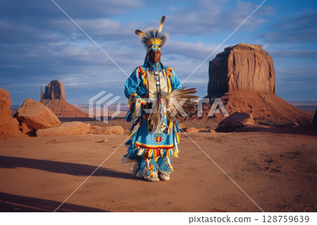 A Native American woman stands in the desert wearing a blue dress 128759639