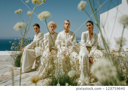 Four women are sitting in a field of flowers, wearing white clothing 128759640