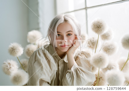 A woman is sitting in front of a vase of white flowers 128759644