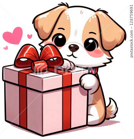 A shy dog peeking from behind a gift box. 128759691