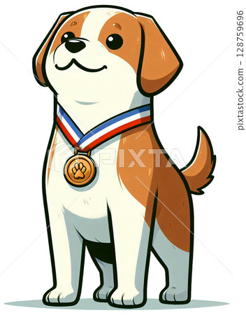 A dog standing tall with a medal on its chest, proud expression. 128759696