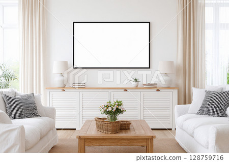 Blank horizontal frame for wall art mockup in modern Scandinavian living room with minimalistic decor and natural light 128759716