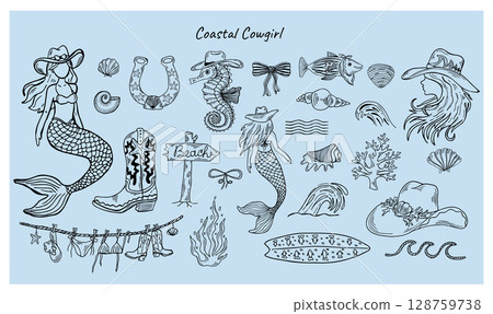 Coastal cowgirl vector illustration line art featuring nautical elements, cowboy hat, boots, horseshoe and western themes in a creative hand-drawn style 128759738