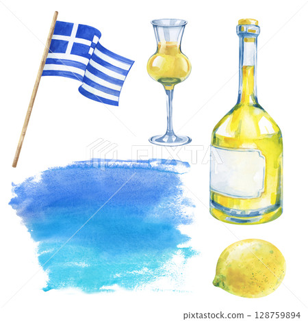 A mini-set in blue and yellow dedicated to Greece. Watercolor illustration. The Greek flag, the national drink made from lemons, a watercolor blur- stylization of the sea and sky. Clipart. Travel. A mini-set in blue and yellow dedicated to Greece. Watercolor illustration. The Greek flag, the national drink made from lemons, a watercolor blur- stylization of the sea and sky. Clipart. Travel. 128759894
