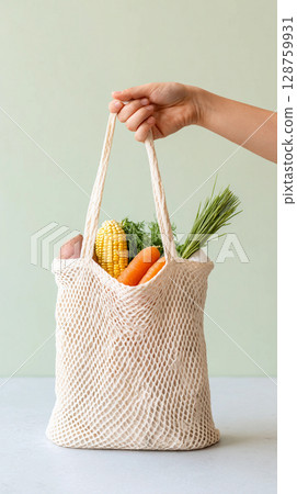 Eco-friendly shopping bag filled with fresh vegetables showcasing organic produce in a natural setting on a light background 128759931