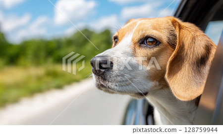 Dog enjoying a scenic drive with its head out of the car window on a sunny day, surrounded by greenery and blue skies 128759944