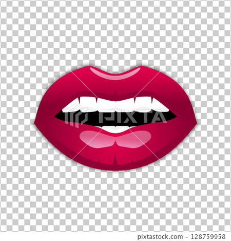 Woman pink lips and teeth. Slightly open female mouth with glossy pink lipstick. Vector illustration Woman pink lips and teeth. Slightly open female mouth with glossy pink lipstick. Vector illustration 128759958