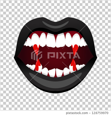 Monster woman evil lips with blood. Vampire female open mouth with long bloody fangs. Vector illustration Monster woman evil lips with blood. Vampire female open mouth with long bloody fangs. Vector illustration 128759970