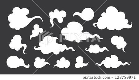 Set of cartoon white clouds of different shapes. Hand drawn blank doodle clouds. Vector illustration Set of cartoon white clouds of different shapes. Hand drawn blank doodle clouds. Vector illustration 128759971