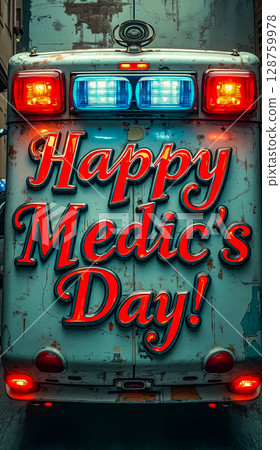Happy Medic's Day. Textured metal badge with congratulatory inscription "Happy Medic's Day". Happy Medic's Day. Textured metal badge with congratulatory inscription "Happy Medic's Day". 128759978