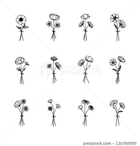 Hand-Drawn Floral Bouquets. This illustration shows a variety of minimal floral bouquets with thin linework and botanical elegance in a clean sketch style. Hand-Drawn Floral Bouquets. This illustration shows a variety of minimal floral bouquets with thin linework and botanical elegance in a clean sketch style. 128760005