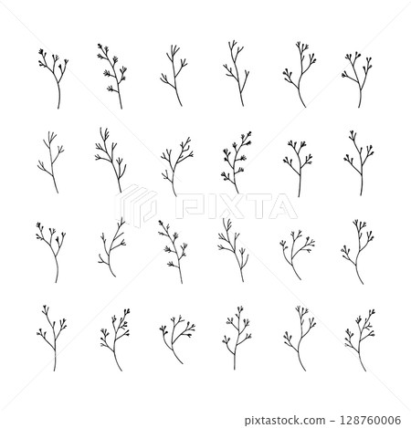 Floral Sprigs Illustration. A group of fine-lined floral sprigs featuring natural details and botanical curves for elegant compositions. Floral Sprigs Illustration. A group of fine-lined floral sprigs featuring natural details and botanical curves for elegant compositions. 128760006