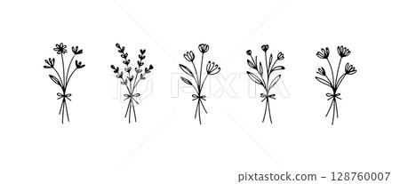 Romantic Flower Bouquet. This illustration presents a romantic floral bouquet in a soft hand-drawn style with elegant linework and graceful petal shapes. 128760007