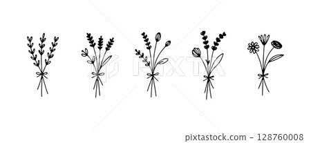Delicate Hand-Drawn Bouquet. This artwork features a minimal floral bouquet with fine lines and botanical elements in an elegant outline sketch. 128760008