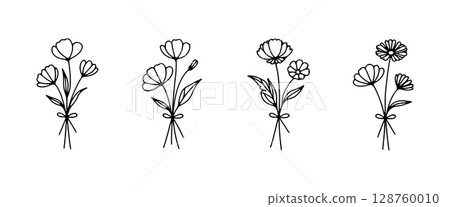 Elegant bouquets featuring stylized flowers with curved petals and soft stems. Suitable for romantic and creative botanical projects. Elegant bouquets featuring stylized flowers with curved petals and soft stems. Suitable for romantic and creative botanical projects. 128760010