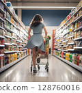 Woman Shopping in Supermarket Aisle with Grocery Cart 128760016