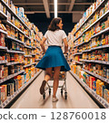 Woman Shopping in Supermarket Aisle with Grocery Cart 128760018