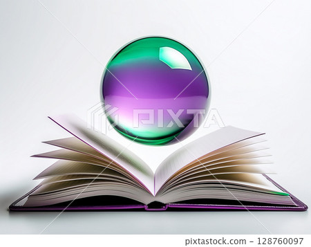 A purple-green sphere floats above an open book 128760097