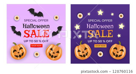 Set of square banners for Halloween sale. Special offer up to 50 percent. Vector illustration with pumpkins. 128760116