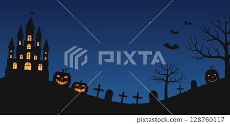 Scary vector Halloween night illustration with haunted house, cemetery and pumpkins. Poster with empty space for text. 128760117
