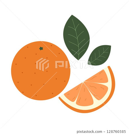 Juicy ripe whole orange and slice with leaves clip art 128760385